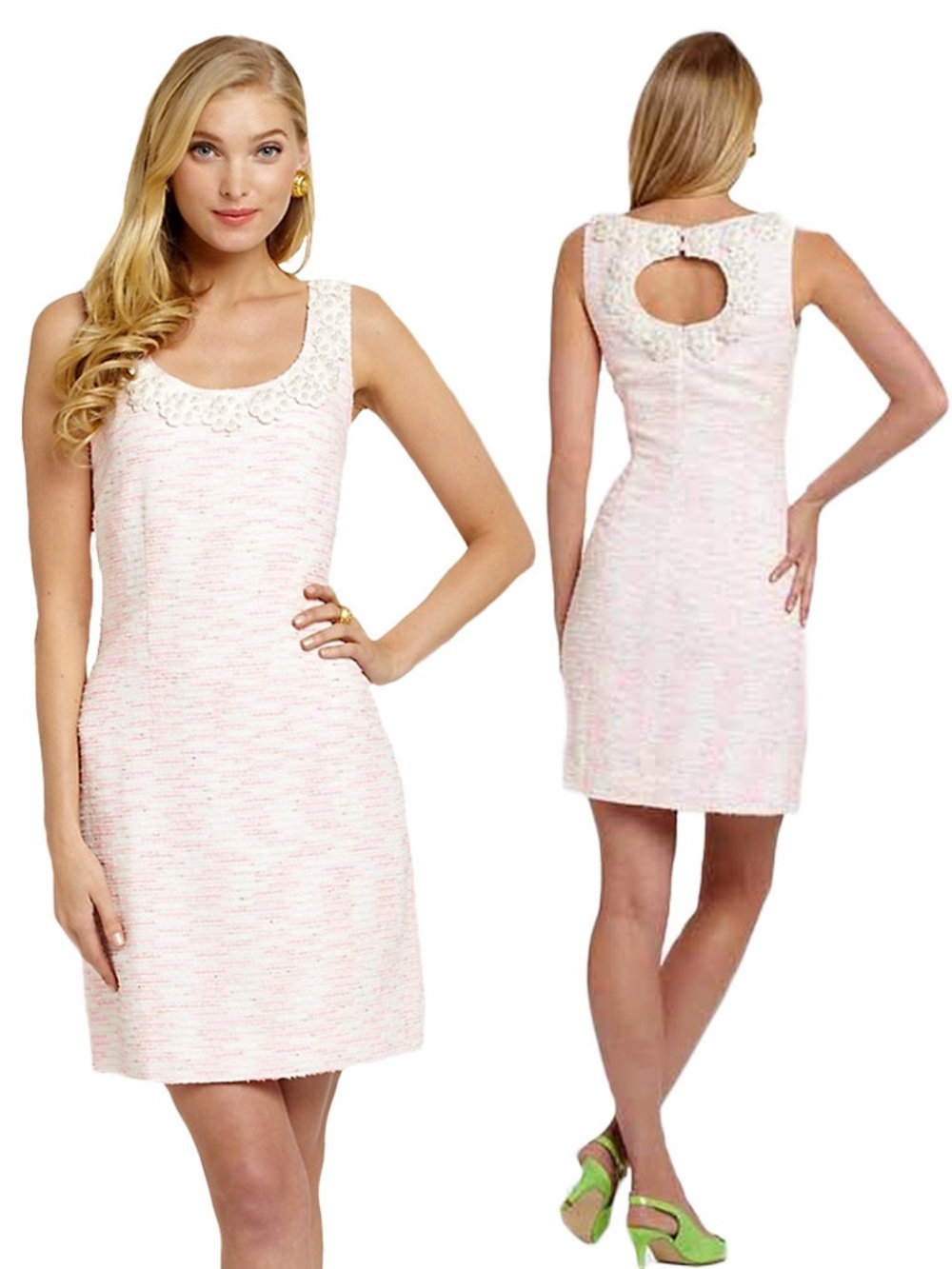 Lilly Pulitzer Pearl Embellished Tweed Dress Pink White Metallic Size 6